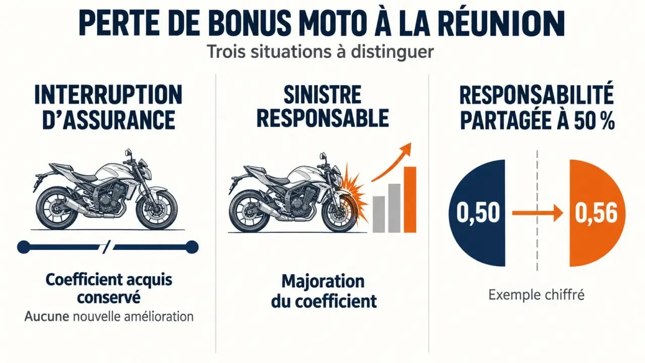 Infographie sur la perte de bonus moto à La Réunion et l'évolution du coefficient bonus-malus