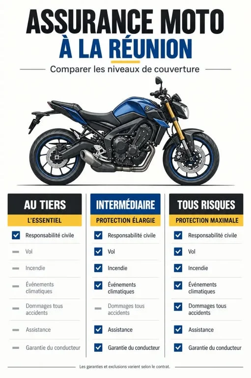 Guide assurance moto Réunion : comparaison visuelle des niveaux de couverture