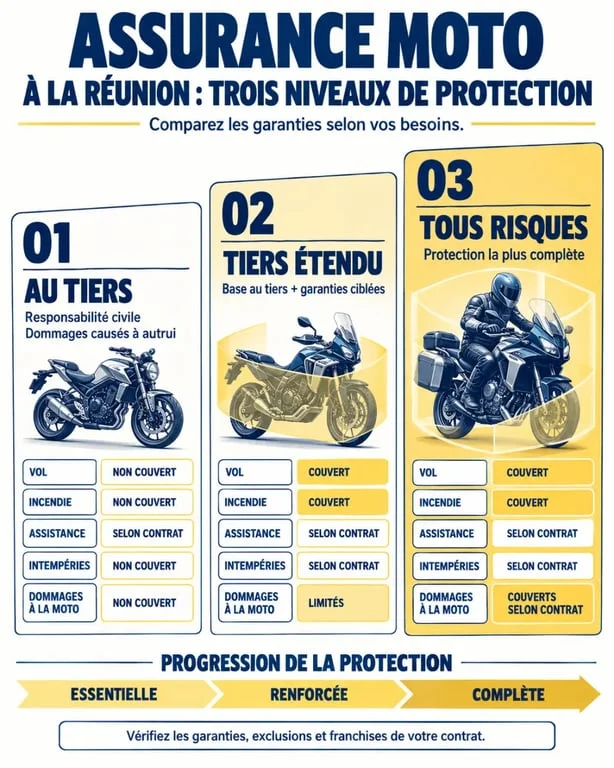 Questions fréquentes assurance moto Réunion : comparaison visuelle des formules et garanties