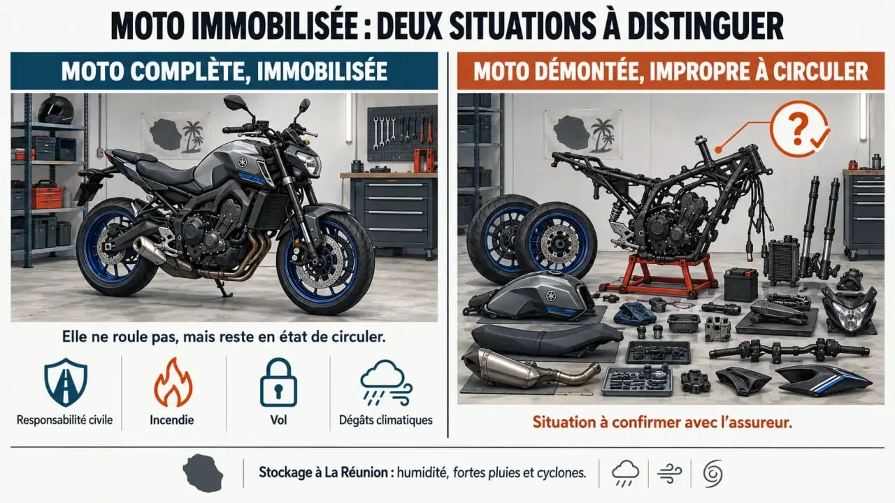 Faut-il assurer une moto qui ne roule pas à La Réunion : moto immobilisée ou totalement démontée