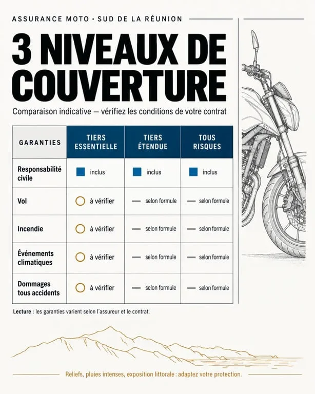 Assurance moto sud Réunion : infographie des niveaux de garanties tiers et tous risques