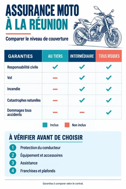 Infographie pour savoir quel assureur moto choisir à La Réunion selon les niveaux de garanties