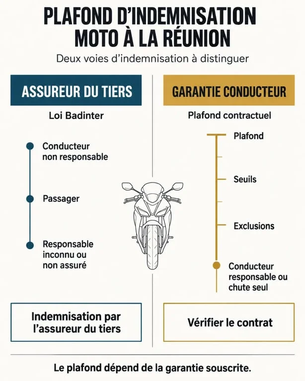 Infographie sur le plafond d'indemnisation moto à La Réunion et la distinction entre loi Badinter et garantie conducteur