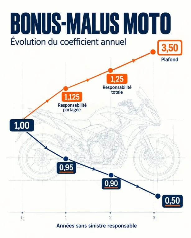 Infographie expliquant comment fonctionne le bonus-malus moto et l'évolution du coefficient CRM