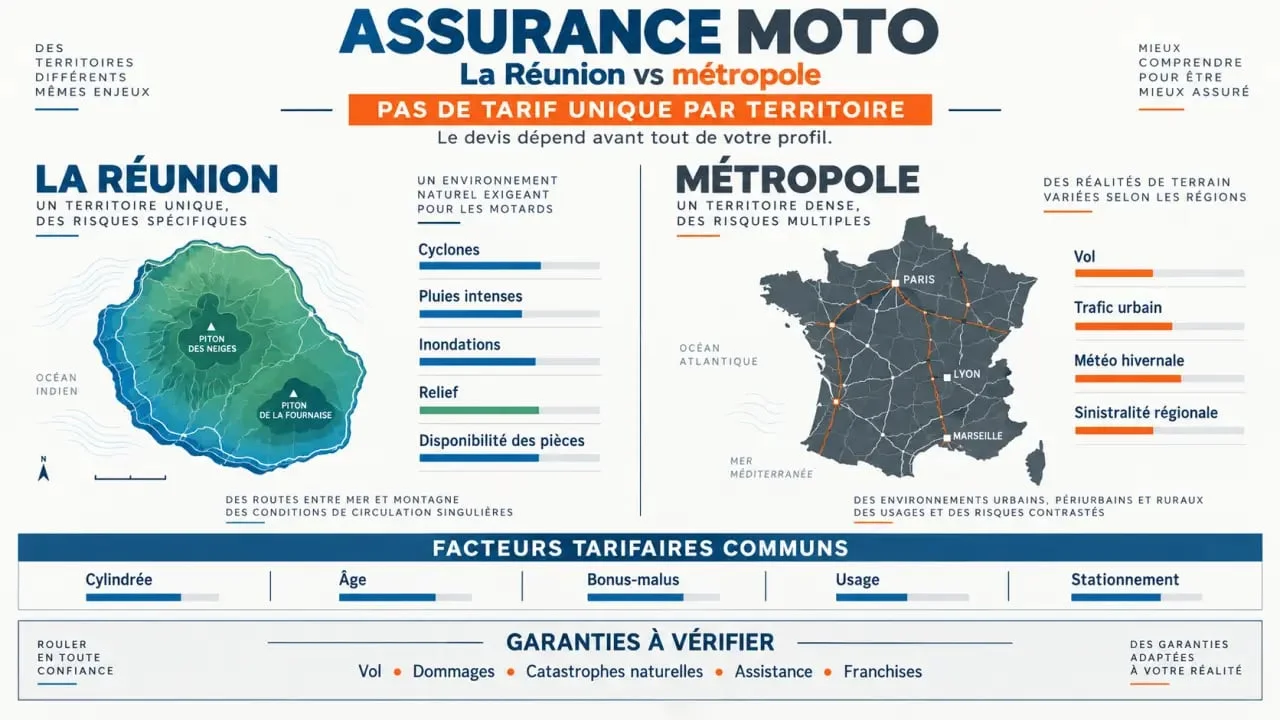 Infographie comparative sur l’assurance moto Réunion vs métropole, risques, garanties et facteurs de prix