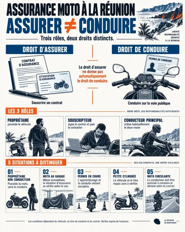 Assurance moto sans permis à La Réunion : distinction entre propriétaire, souscripteur et conducteur