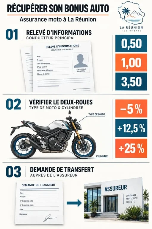 Infographie pour récupérer son bonus moto à La Réunion et comprendre le transfert du CRM auto
