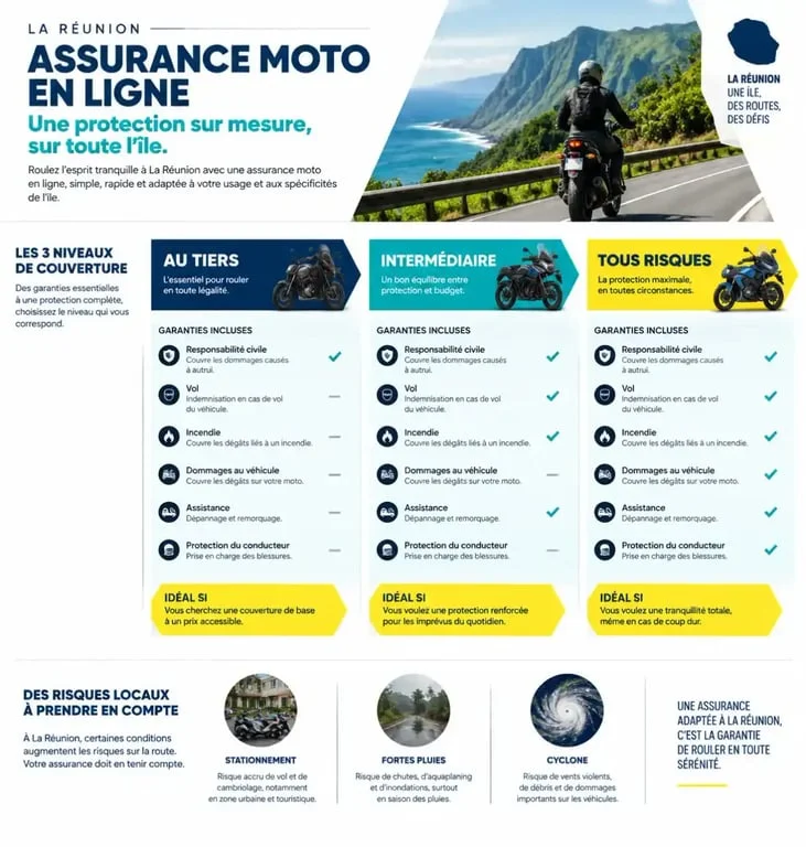 Infographie des formules d'assurance moto en ligne 974 et de leurs garanties à La Réunion