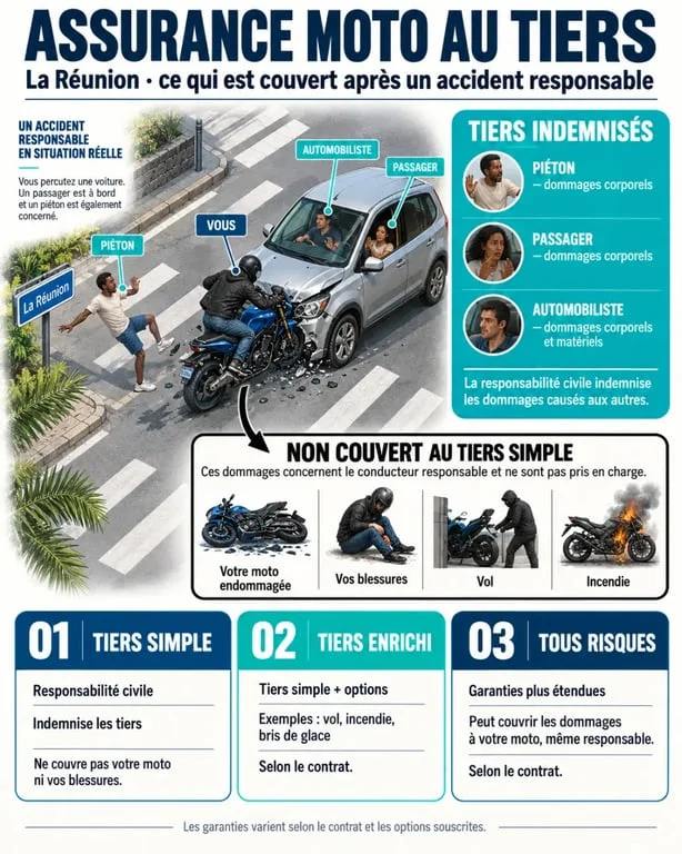 Infographie sur ce que couvre l'assurance au tiers moto à La Réunion et les garanties non incluses