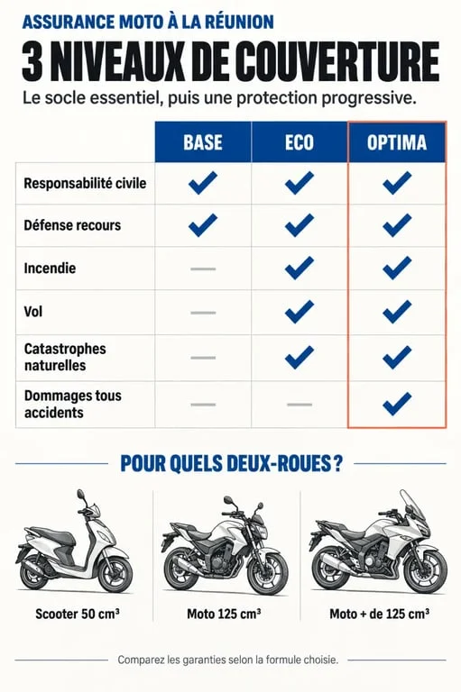 Assurance moto à La Réunion : comparaison des garanties Base, Eco et Optima selon la cylindrée