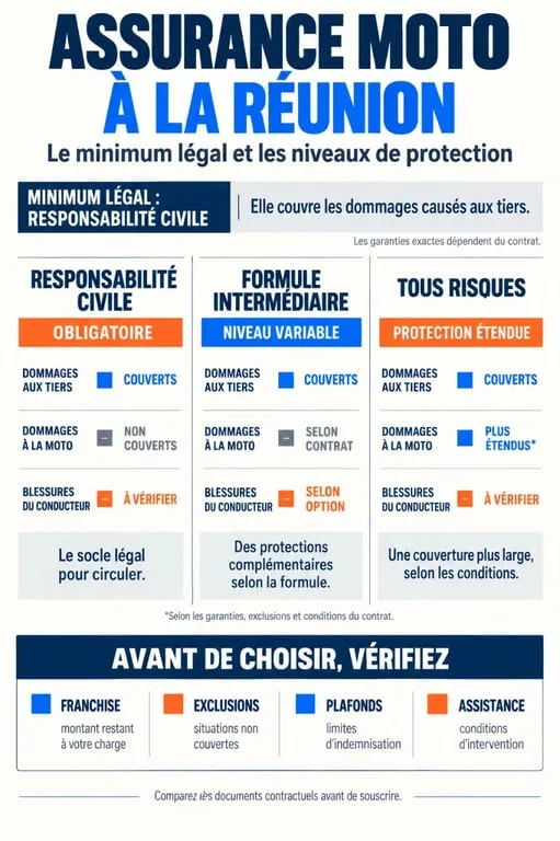 Infographie sur le minimum légal assurance moto Réunion et les garanties au tiers, intermédiaire et tous risques