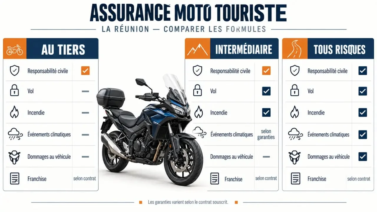 Infographie comparative sur l'assurance moto touriste à La Réunion et les niveaux de garanties