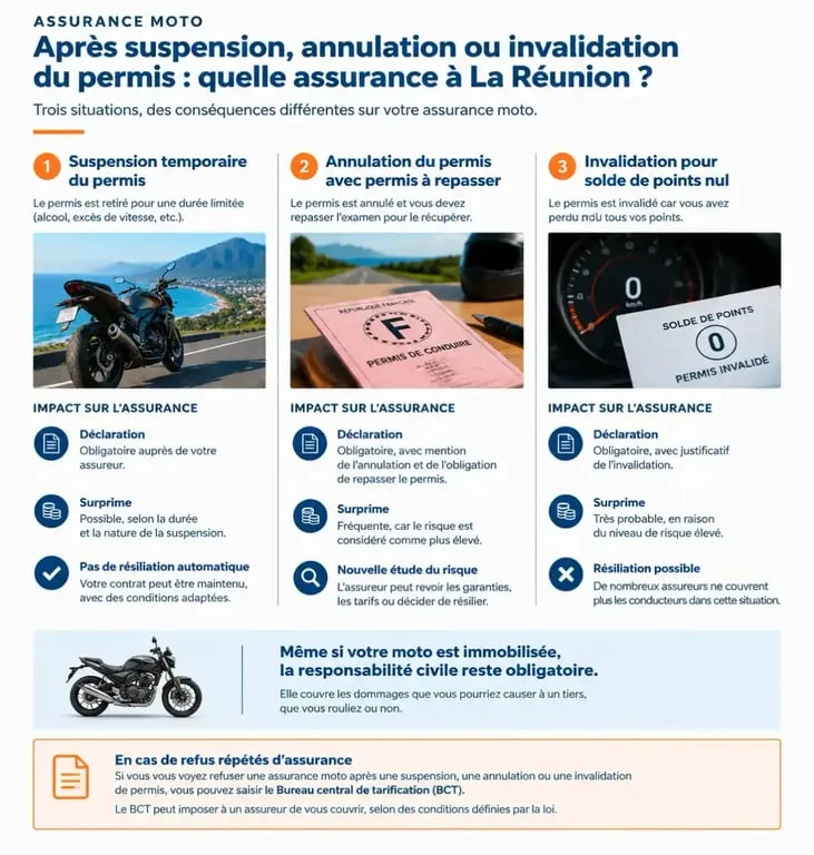 Infographie sur l'assurance moto après suspension de permis à La Réunion