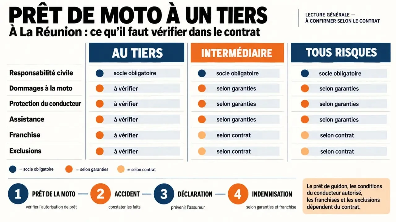 Infographie sur l’assurance moto prêt à un tiers à La Réunion et les garanties selon la formule