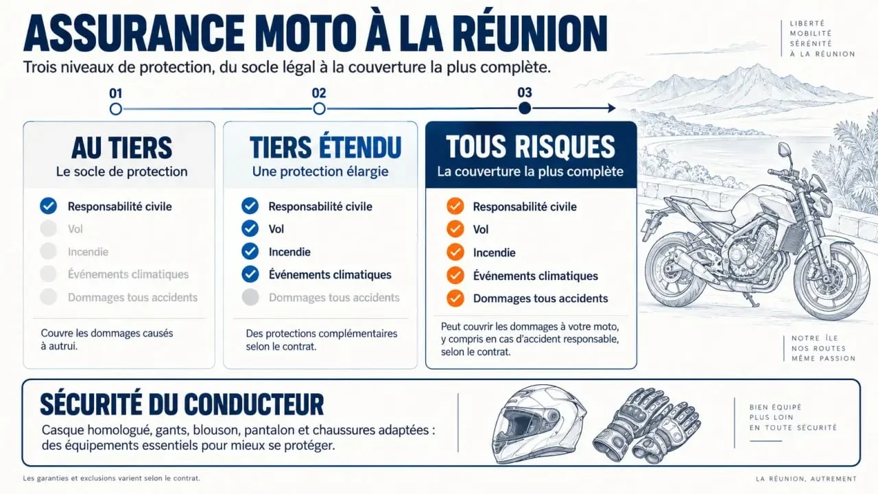 Assurance moto île de La Réunion : comparaison visuelle des formules au tiers, tiers étendu et tous risques