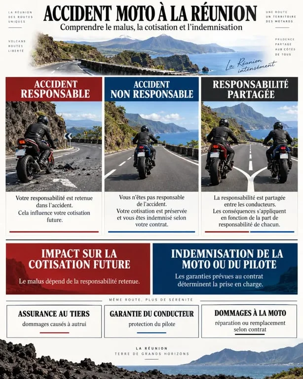 Infographie sur le malus après accident moto à La Réunion selon la responsabilité et les garanties