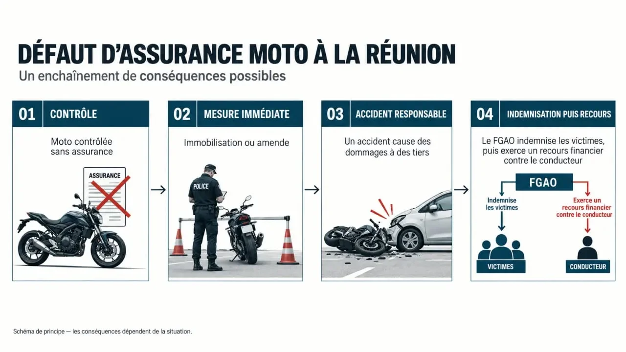 Conséquences d’un défaut d’assurance moto 974 : amende, accident, FGAO et dette