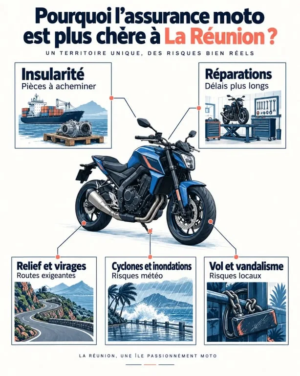 Infographie expliquant pourquoi l'assurance moto est plus chère à La Réunion
