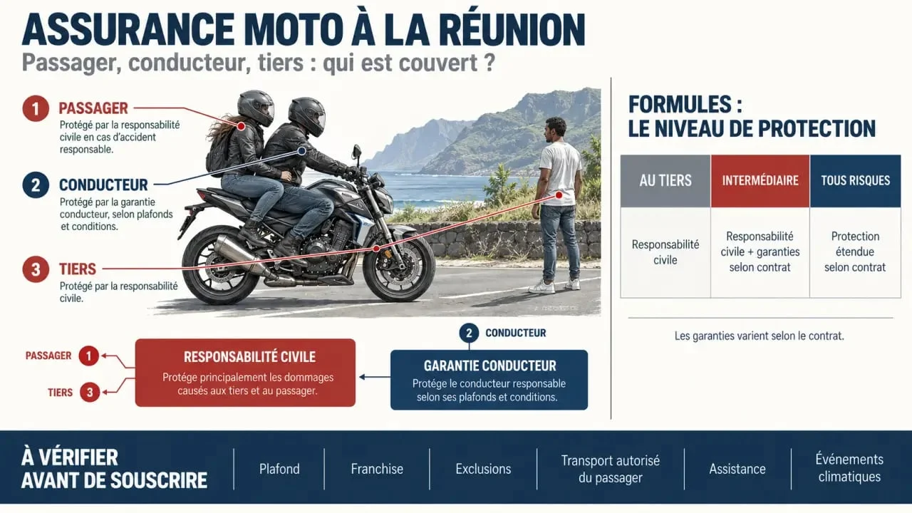 Infographie sur l'assurance moto passager couverture Réunion et les garanties du conducteur selon la formule