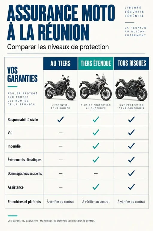 Infographie comparative sur l’assurance moto à La Réunion et les niveaux de garanties