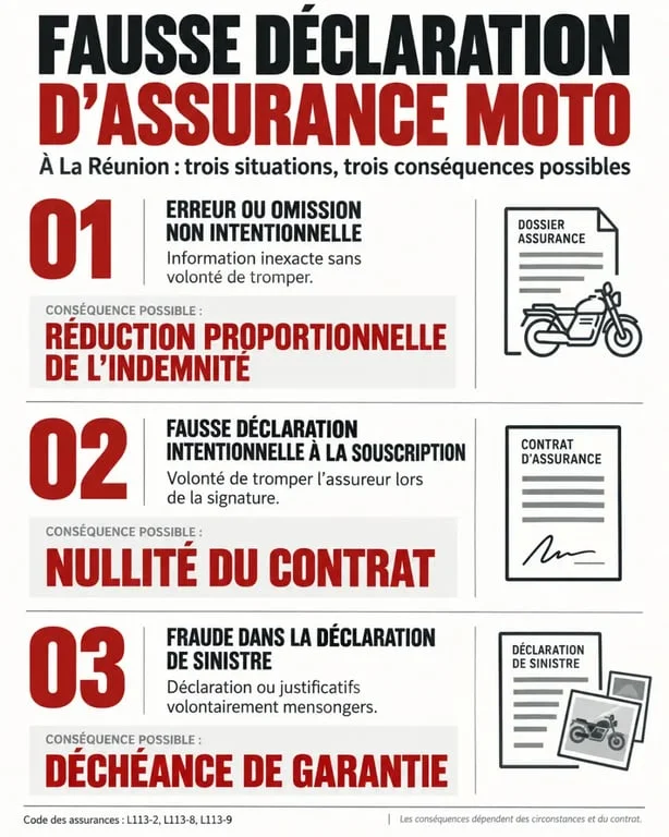 Infographie sur les conséquences d’une fausse déclaration assurance moto à La Réunion