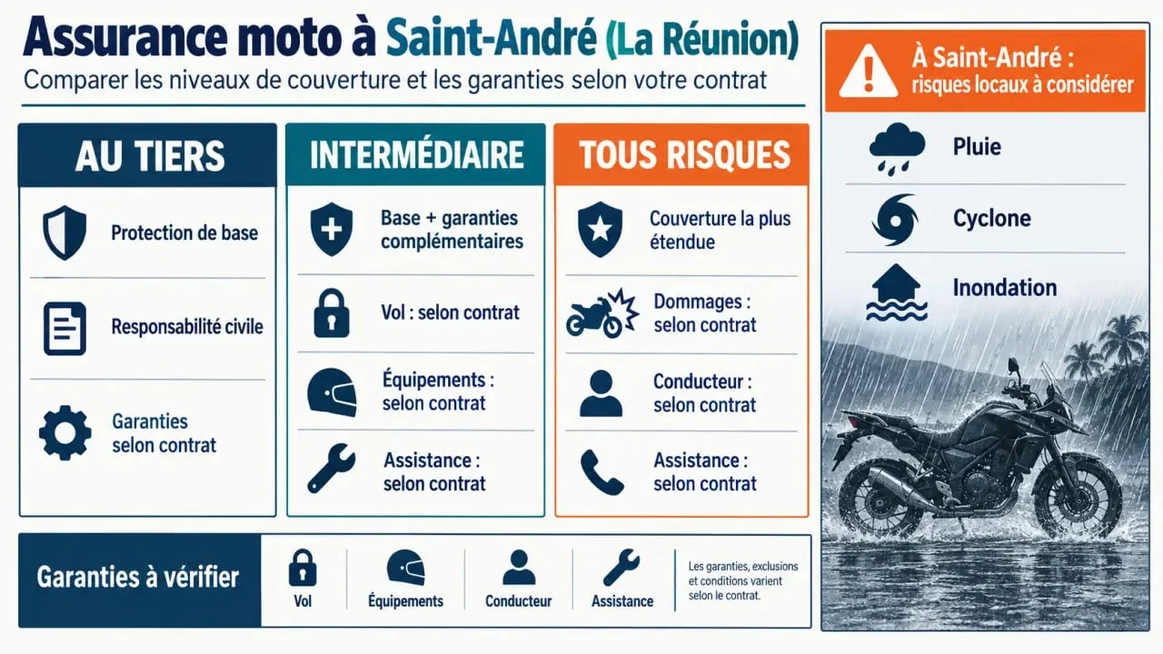 Infographie sur l’assurance moto Saint-André et les garanties selon les formules