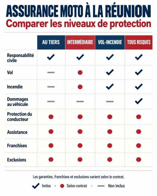 Infographie pour comparer les assurances moto réunion selon les niveaux de couverture