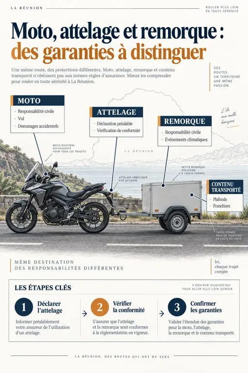 Assurance moto avec attelage Réunion : garanties à vérifier pour la moto, l’attelage et la remorque