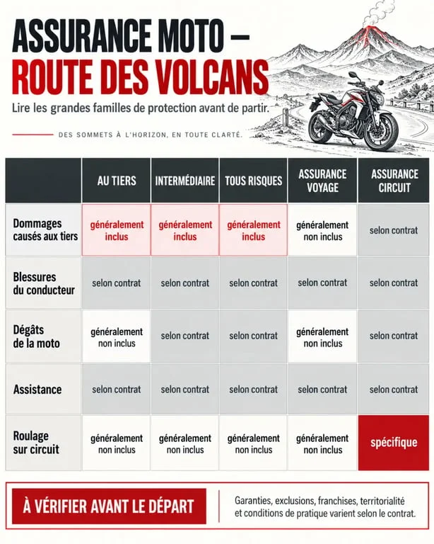 Assurance moto route des volcans : comparaison visuelle des garanties au tiers, intermédiaire et tous risques