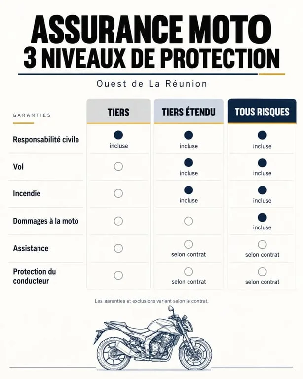 Infographie comparative sur l'assurance moto ouest Réunion et les niveaux de garanties