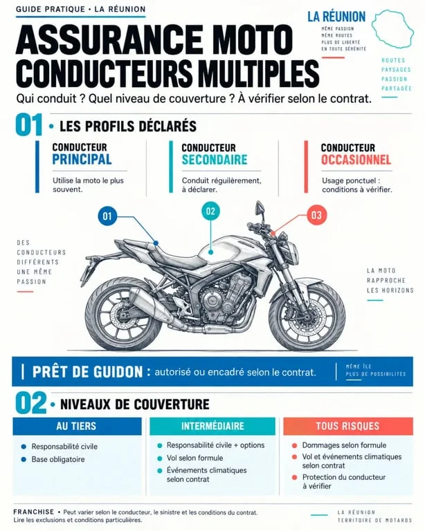 Infographie sur l’assurance moto conducteurs multiples réunion, le prêt de guidon et les niveaux de garanties